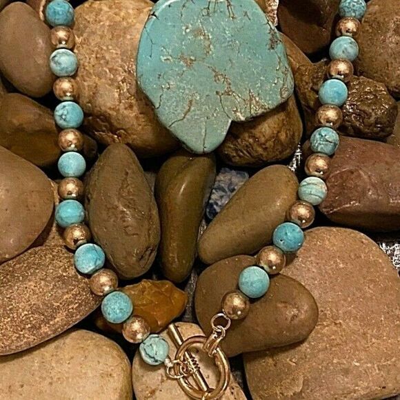 Teal Blue green gold Jasper Fall Necklace Beaded - Picture 3 of 12